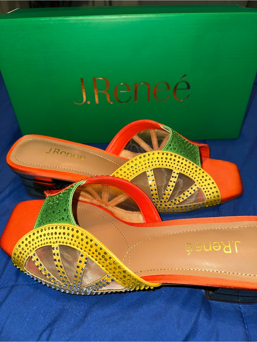 J.Renee Orange, Yellow & Green Embellished Slide Mules